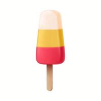 Illustration of a colorful ice cream with three layers in white yellow and red hues on a wooden stick set against a plain white background representing summertime treats. vector