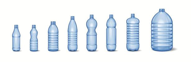 Collection of plastic bottles in different sizes and shapes arranged in a row on a plain white background for presentation. Suitable for packaging concepts. vector