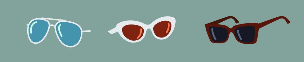 Illustration showcasing three distinct styles of sunglasses. Each pair features a unique frame design and vibrant lens color, set on a muted background. vector