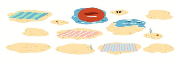 Illustration of a beach scene featuring colorful towels on sand patches with various beach items such as sunglasses, inflatable ring, and shells in a minimal style. vector