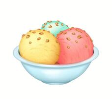 Illustration of three colorful ice cream scoops in a pastel blue bowl. The scoops are topped with small crunchy nuts, showcasing an appealing and appetizing dessert. vector