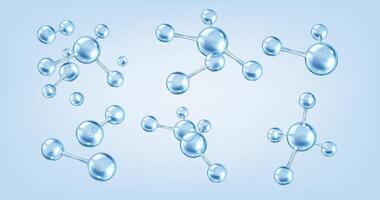 Collagen molecules models realistic color icons set. Element vital for skin elasticity and health 3d objects bundle on blue background vector