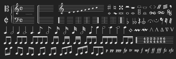 Illustration showing various musical notations including clefs, notes, rests, and dynamic markings. Black background highlights white musical symbols for easy recognition. vector