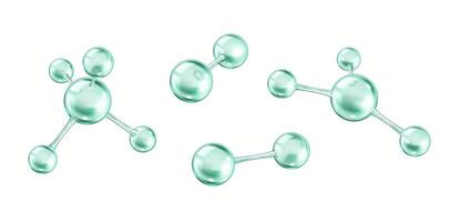 Different rotating green collagen molecules realistic color icons set. Protein creates chemical bonds 3d objects bundle on white background vector
