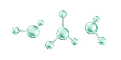 Rotating green collagen molecules realistic color icons set. Protein structures from different spheres 3d objects bundle on white background vector
