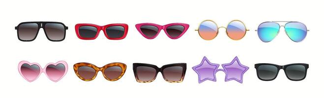 A diverse set of colorful sunglasses featuring different shapes such as hearts, stars, and aviators. Includes unique frames and vibrant lenses suitable for fashion. vector