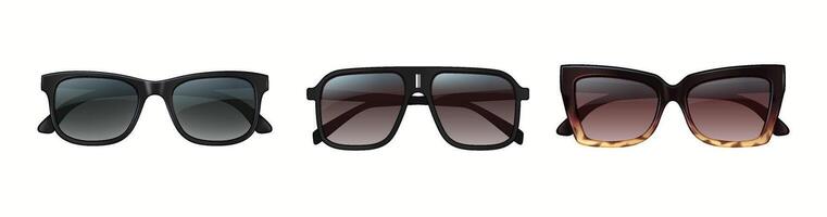 Image depicting three distinct styles of sunglasses classic black, square modern, and elegant cateye frames. Each design showcases unique characteristics, suitable for various fashion preferences. vector