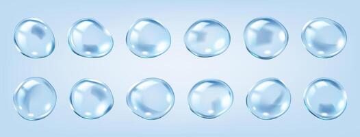 molecular bubbles realistic color icons set. Collagens skin nourishing properties 3d objects bundle on blue background vector