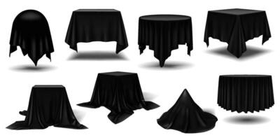 Green silk drapes over tables realistic color icons set. Hinting at hidden objects and sense of anticipation 3d design vector