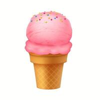 Illustration of a pink ice cream scoop topped with colorful sprinkles in a waffle cone against a white background, evoking a sense of summer delight. vector