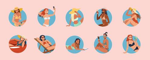 Ten stylized illustrations depict women in various summer activities. Each is shown in a circular frame with distinct poses and accessories reflecting relaxation and enjoyment. vector