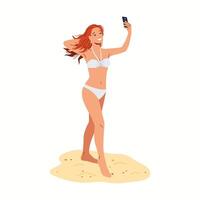 Illustration of woman in swimsuit smiling while taking selfie on sandy beach with smartphone. Her hair flows in the breeze capturing a joyful summer moment. vector