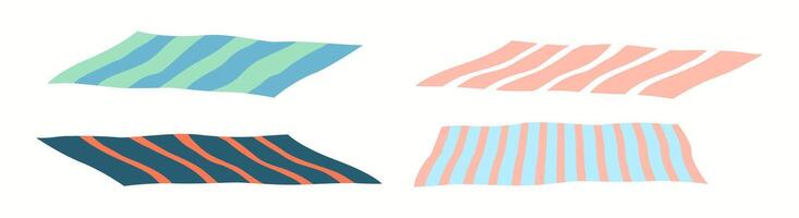 Illustration showing four rectangular beach towels with distinct striped patterns in a mix of colors such as green blue pink coral and dark shades. vector