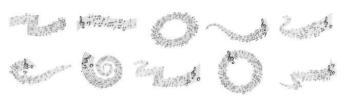 Illustration featuring diverse arrangements of musical notes in flowing and circular wave forms. Perfect for design projects involving music themes and artistic decorations. vector