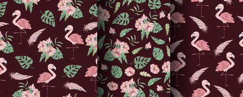 Set of seamless patterns with cute flamingos in flat style. Repeating background with tropical birds, hibiscus and leaves. Illustration for fabric, wallpaper vector
