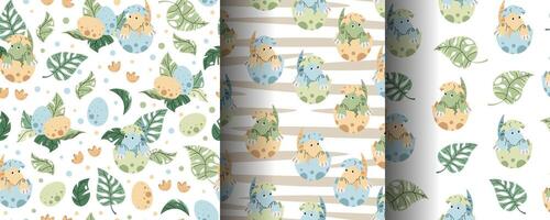 Set of Seamless patterns with cute dinosaurs in an egg in flat style. Endless texture with hatched baby dinosaur and tropical plants. Childish background for fabric, wallpaper vector