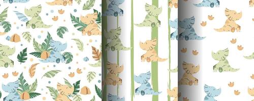 Set of Seamless patterns with cute dinosaurs in flat style. Endless texture with baby dinosaur, tropical plants and footprints. Childish background for fabric vector