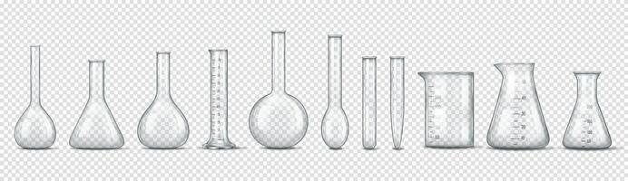 Various types of laboratory glassware including flasks, beakers, and measuring cylinders are displayed on a checkered background. vector