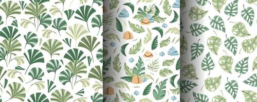 Set of Seamless Patterns with Tropical Leaves in Flat Style. Endless Texture with Palm Leaves, Rocks and Pond. Botanical Background for Fabric, Wallpaper, Wrapping Paper vector