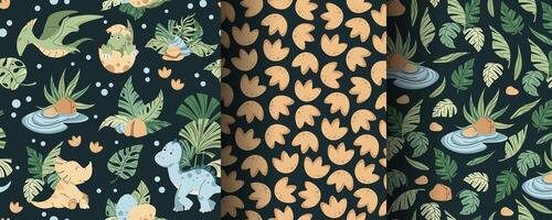 Set of seamless patterns with cute dinosaurs in flat style. Endless texture with baby dinosaurs with palm leaves, footprints and plants. Childish background for fabric, wallpaper, wrapping paper vector