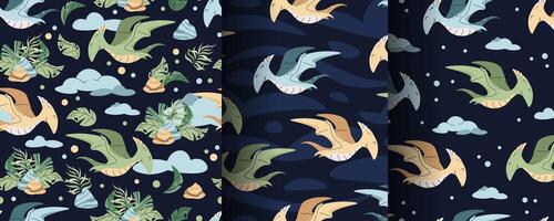 Set of Seamless patterns with cute dinosaurs in flat style. Endless texture with flying pterodactyl with clouds and tropical plants. Childish background for fabric, wallpaper vector