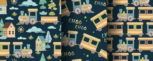 Set of seamless patterns with steam locomotive, houses and trees in flat style. Childish background with toy train for fabric, wallpaper vector