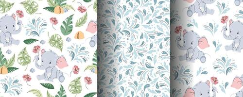 Set of seamless patterns with cute elephants in flat style. Repeating background with African animals and tropical plants. Childish illustration for fabric, wallpaper vector