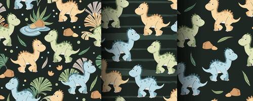 Set of Seamless patterns with cute dinosaurs in flat style. Endless background with baby dinosaur, tropical plants and footprints. Kiddie background for fabric, wallpaper, wrapping vector