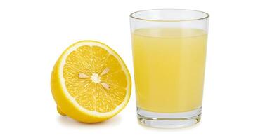 Refreshing Lemonade Close-up with Lemon Half Freshly Squeezed in Glass photo
