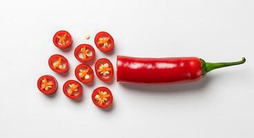 Sliced Red Chili Pepper on White Background Cooking Ingredient Still Life photo