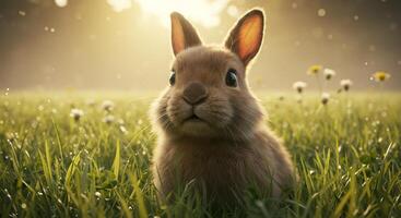 A brown rabbit sitting in a field with dandelions photo