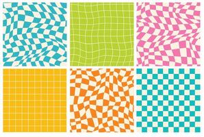 Groovy checkered seamless patterns in trendy y2k style. Retro chessboard with surreal wavy geometric shapes. vector