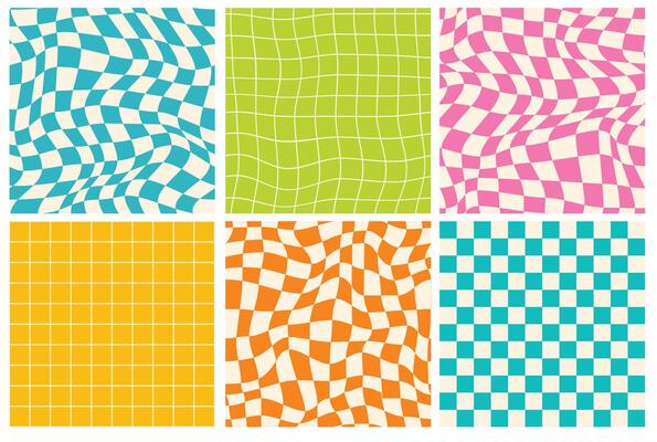 Groovy checkered seamless patterns in trendy y2k style. Retro chessboard with surreal wavy geometric shapes.