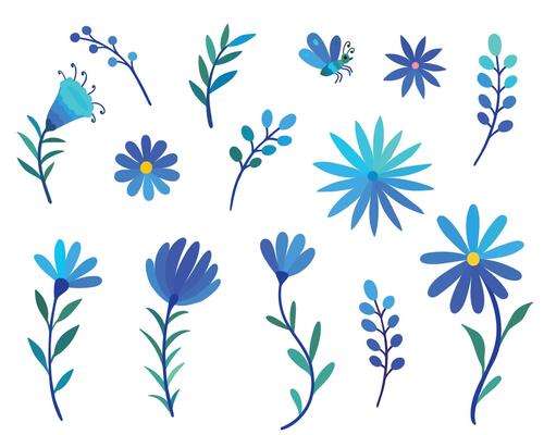 Floral set cute botanical elements on a white background. Spring and summer groovy flowers, leaves, branches.