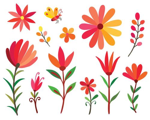 Spring flowers drawing collection like daisy, tulip, jonquil, daffodil, chamomile and crocus clip art graphic elements. illustration floral flat design.