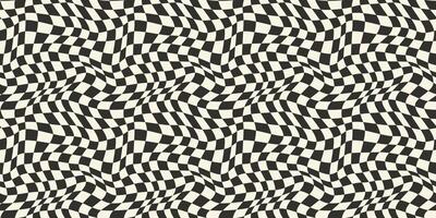 Wavy groovy chessboard surface. Distorted geometric pattern. Abstract monochrome backdrop seamless vector
