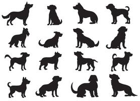 Silhouette set of various dog breeds in different poses vector