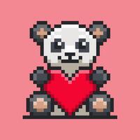 Pixel art illustration of an adorable panda holding a vibrant red heart, blends retro gaming aesthetics with a universally appealing symbol of love and affection vector