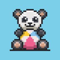 A pixel art illustration of a adorable panda holding a multicolored beach ball. The colorful beach ball, making the image fun and playful vector