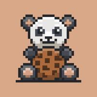 A pixel art illustration of a panda embracing a large chocolate chip cookie. The pixelated style adds a nostalgic and retro feel vector