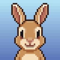 Cute pixel art rabbit illustration. This adorable bunny features a simple, pixelated style with soft brown tones against a gradient blue background vector