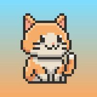 Pixel art illustration of a cute orange and white cat in a sitting position. This adorable design, rendered in a classic pixel style adds a retro and whimsical touch on it vector