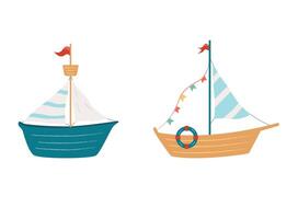 Set of Two Sailboats with Striped Sails. Simple and Stylized Illustration vector