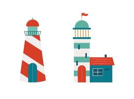 Set of Two Striped Lighthouses. Bright Illustration with Simple Shapes on White Background vector