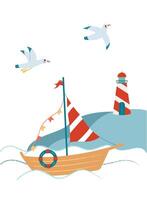 Poster or Card with Ocean Theme of a Sailing Boat with Striped Sail. Seagulls, Waves, and Island with Lighthouse in Bright Colors vector