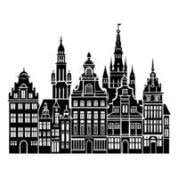 A charming black and white illustration of a European town with intricate buildings and spires set against a clear sky vector