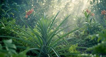 un tropical planta es creciente en el medio de un lozano verde bosque foto