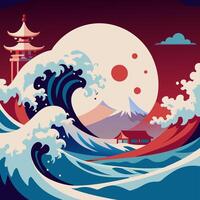 Traditional Asian Temple with Huge Wave and Clouds at Dusk vector