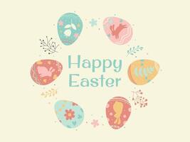 Happy Easter simple poster with colored eggs and branches, pastel colored postcard vector