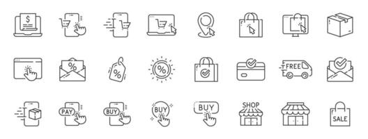 Set of online shopping related line icons. Commerce, payment, buy, shop, delivery, cart etc. Editable stroke. vector